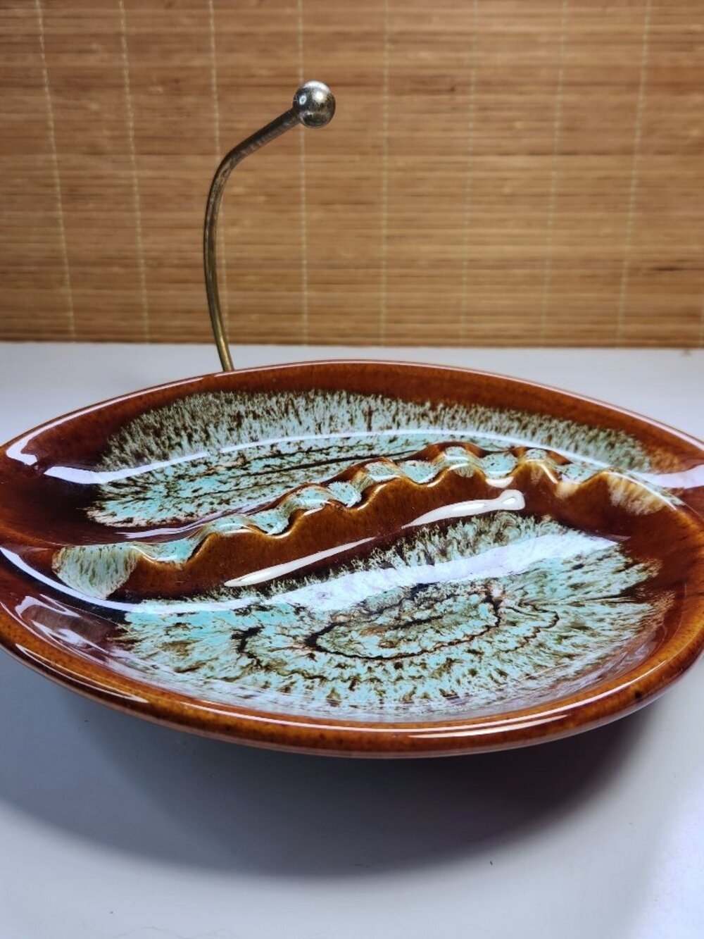 Vintage Mid Century Ceramic Ashtray Brown Turquoise Drip Glaze Pottery and Stand - Picture 5 of 9